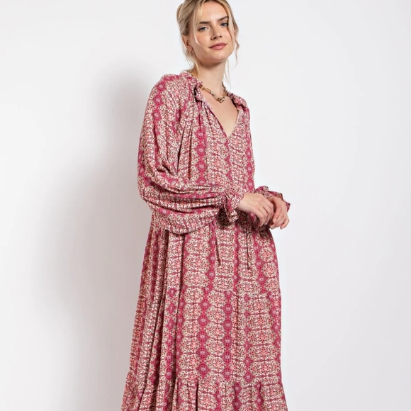 New! Easel Paisley Pink Printed Long Sleeve Gauze Maxi Dress - Picture 6 of 6
